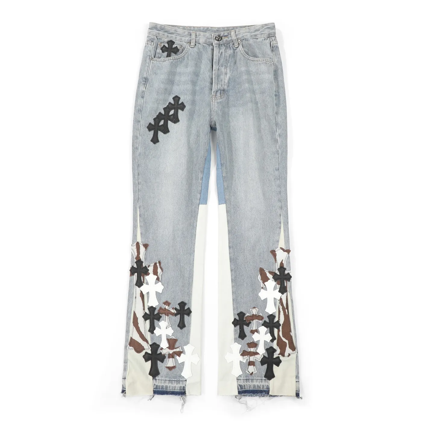 P280 Chrome Heart ｜Chrome Heart CH Heavy Industry Horsehair Spliced Flared Leather Jeans- 7*7 tannin 13.5 ammonia blue cow fabric, spliced with different colors of distressed denim, complete set of denim washing processes such as stone grinding, desizing, malaysian, hand rubbing, hanging grinding, fermentation washing, full spray, cat suede, etc. The genuine leather cross is made of natural horse hair and first-layer sheepskin. Because of the natural color of horse hair, different parts of the fur have different shades, and each pair is different, which is different from the imitation leather on the market. Each pair is the same; because the trousers are custom-made cross genuine leather trousers, they need to be disassembled many times, which is troublesome to sew and the shipment is very slow. Color: Spliced blue Size: 28 30 32 34 36